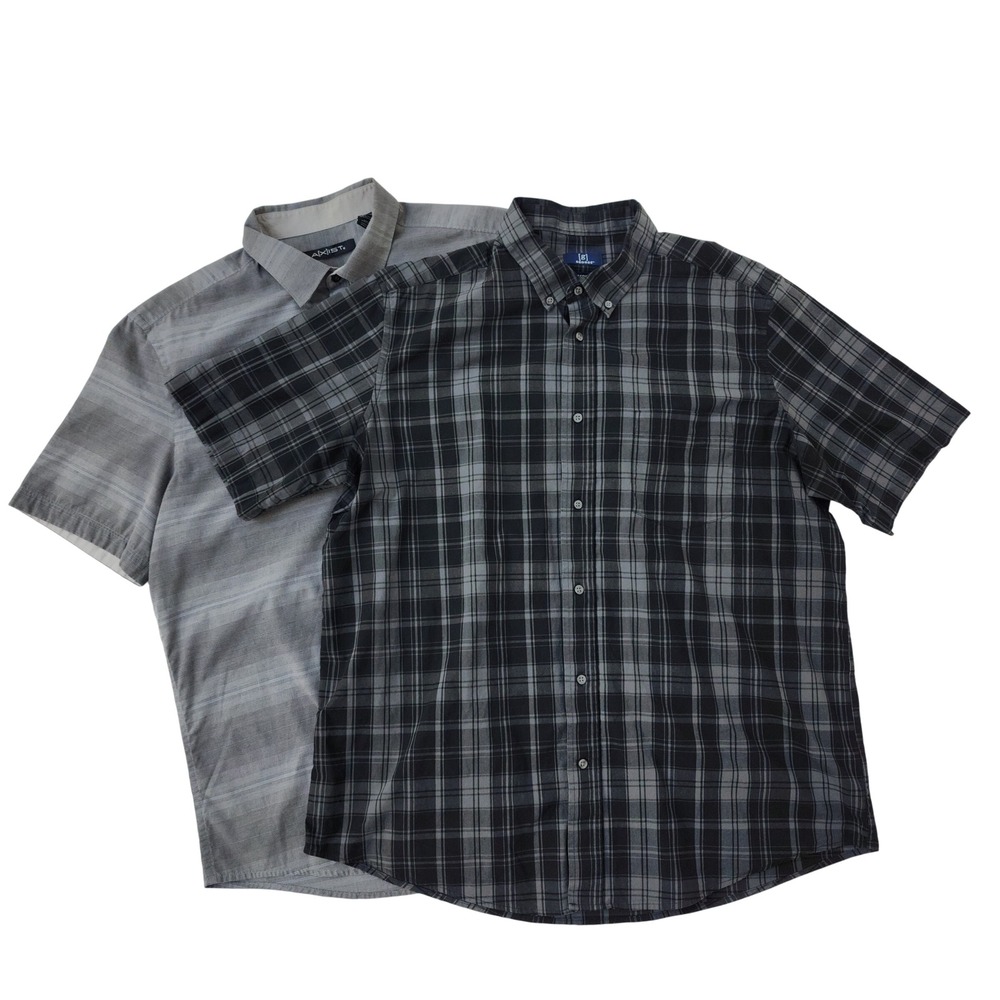 Lot of 2 George & AXIST Mens XL Short Sleeve Button Shirts Plaid‎ Stripe Grey